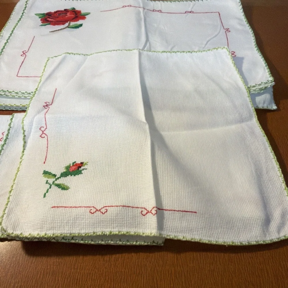 Vintage Set 6 Placemats‎ & Napkins Cross Stitch Pink Rose Handmade Never Used